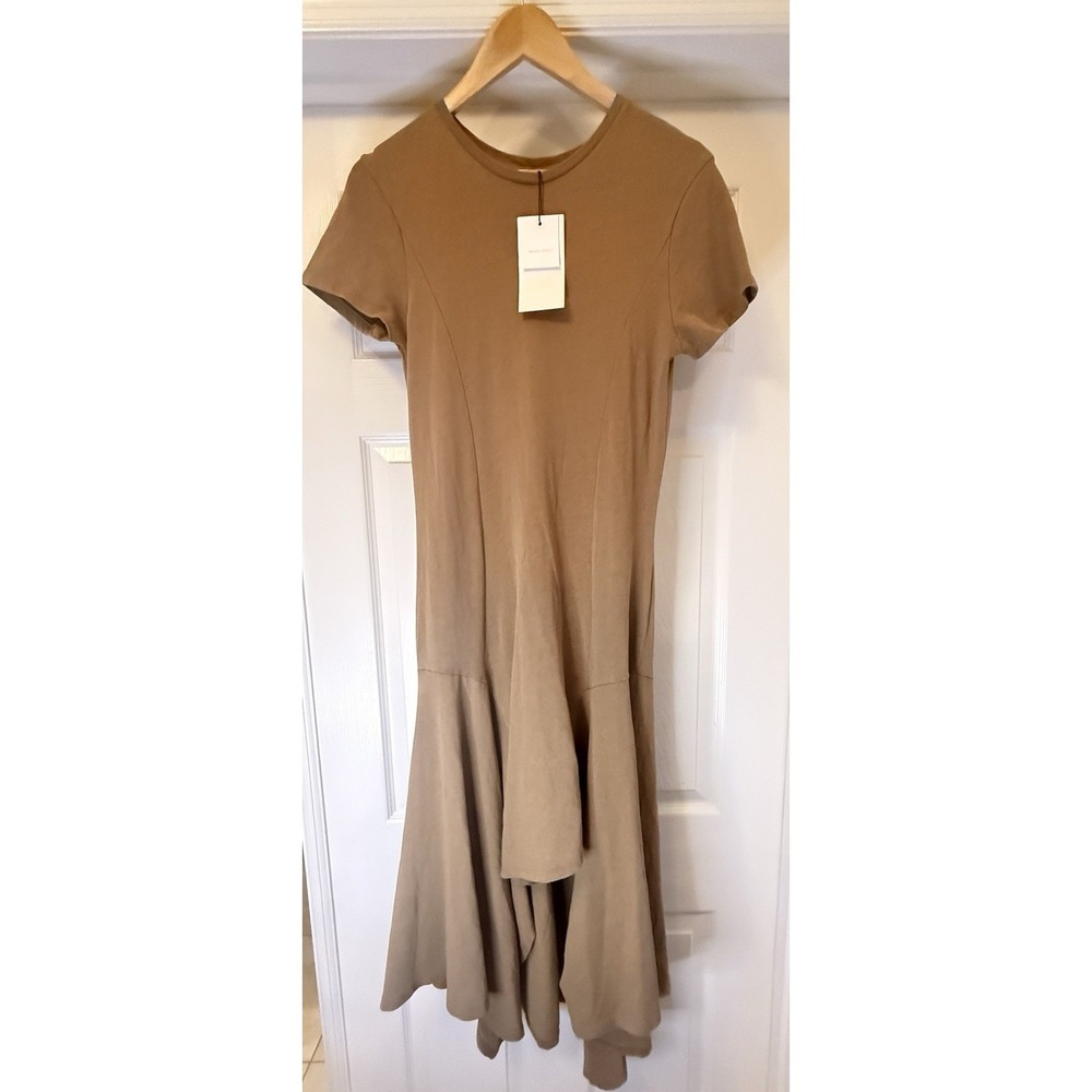 Zara Midi Dress Womens Small Tan Washed Effect Asymmetrical Hem Fit & Flare NEW
